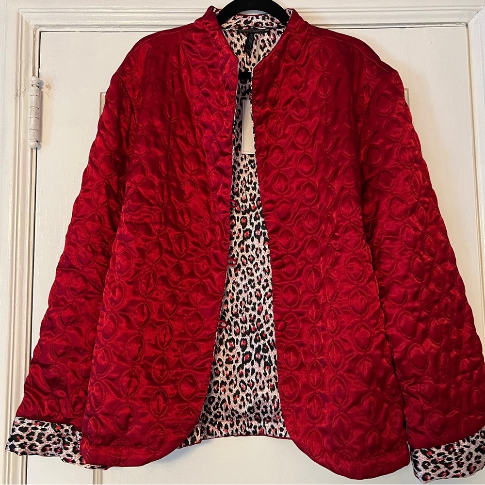 Red Quilted Statement Jacket Leopard Cuffs NWT - image 3